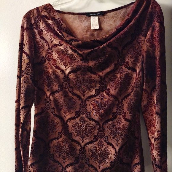 VTG Jonden Women's Brown Geomectric Cowl Neck Stretch Blouse - Picture 1 of 6